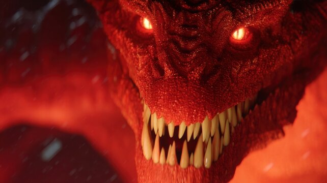 Devil pact agreement. Close-up of a fierce red dragon with glowing eyes and sharp teeth in fiery background