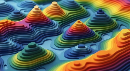 Fototapeta premium Vibrant rainbow colored 3d layered hills landscape abstract
