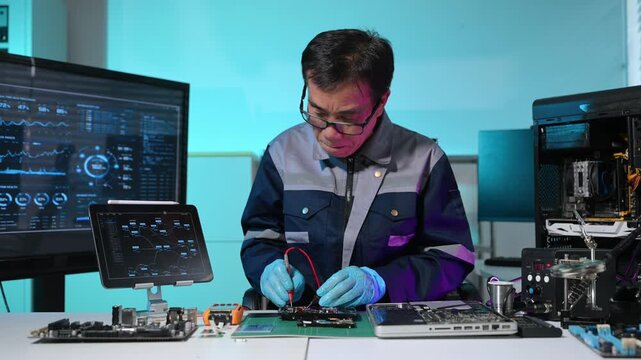 Senior technician performing PCB soldering and diagnostics with multimeter in electronics lab, showcasing hardware engineering