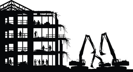 Black silhouette of construction site featuring industrial building frame with workers and hydraulic excavators operating on a city development project against white background © MdHasanAli