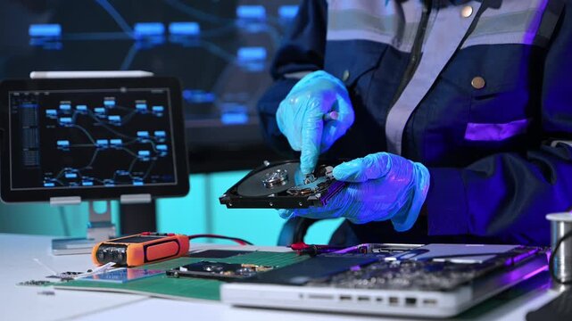 Senior technician performing PCB soldering and diagnostics with multimeter in electronics lab, showcasing hardware engineering
