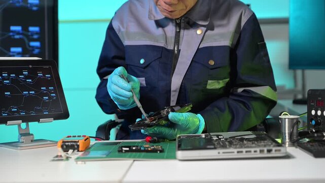 Senior technician performing PCB soldering and diagnostics with multimeter in electronics lab, showcasing hardware engineering