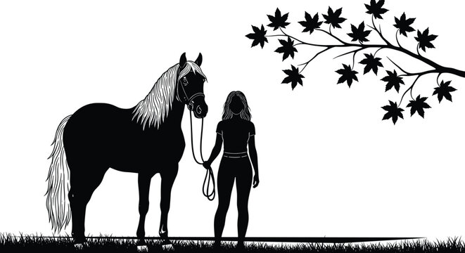 Black silhouette of a young woman standing with her horse under a maple tree branch in a grassy field during a peaceful sunset evening.