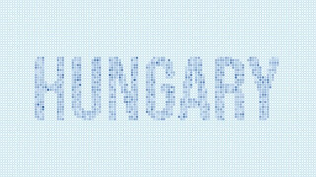 Hungary dotted map animation. Digital style shape of the country. Hungary shape and title dots appear with bulb flickering effect. Intro, outro, logo, title video.
