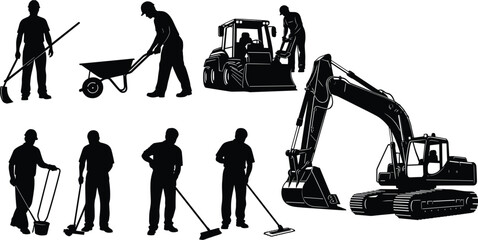 Black silhouettes set of construction workers with excavator tractor wheelbarrow shovel and janitorial staff cleaning with broom mop and bucket on white background © MdHasanAli