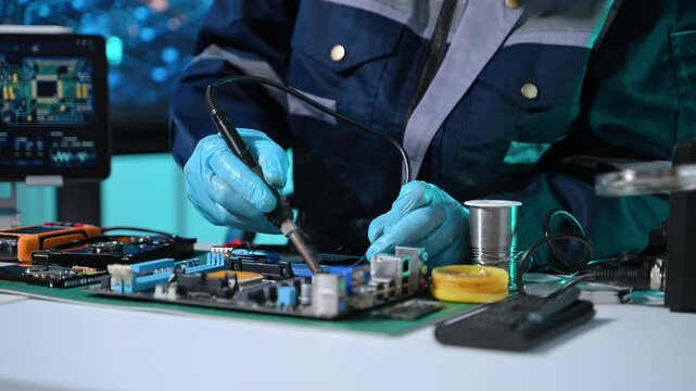 Senior technician performing PCB soldering and diagnostics with multimeter in electronics lab, showcasing hardware engineering