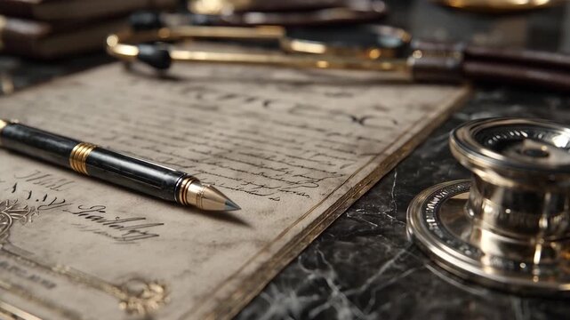 Ultra HD Macro Shot of a Vintage Gold Stethoscope and Fountain Pen Resting on an Aged Parchment Document with Medical Script Video.