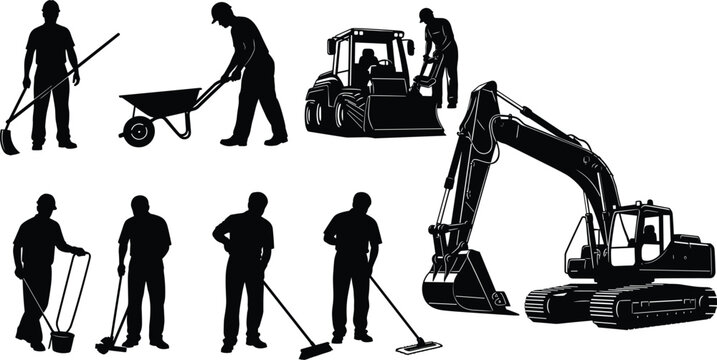 Black silhouettes set of construction workers with excavator tractor wheelbarrow shovel and janitorial staff cleaning with broom mop and bucket on white background