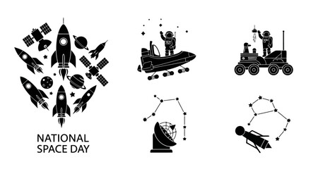 National Space Day black vector icons rockets astronauts planets satellites constellations EPS10 Stock.eps © Stock_Crafters