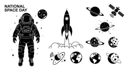 National Space Day Astronaut Rocket Planets Monochrome Vector Icons Set EPS10 Stock.eps © Stock_Crafters