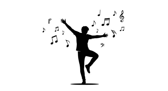 Minimalist silhouette of a joyful person dancing with musical notes and symbols Vector art EPS10 Stock.eps