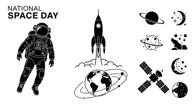 Minimalist black space exploration vector icons astronaut rocket planets satellite EPS10 Stock.eps
