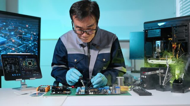 Senior technician performing PCB soldering and diagnostics with multimeter in electronics lab, showcasing hardware engineering