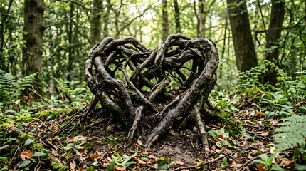 Obraz premium Heart shaped tree roots, entwined, forest floor, nature symbol, love concept