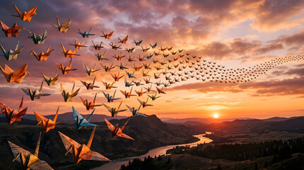 Swarm of origami cranes flying into distance over a dramatic sunset landscape