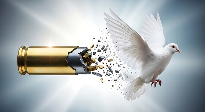 White dove emerging from exploded bullet casing symbolizing transformation from violence to peace and hope for a new beginning after conflict