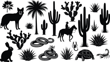 Desert Wildlife and Flora Silhouette Set Featuring Coyote, Cowboy on Horse, Rattlesnake, Scorpion, Tortoise, Jackrabbit, Saguaro Cactus, Prickly Pear, and Palm Trees for Western Design. © MstRupali