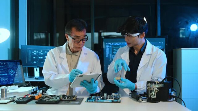 Engineers examining hard drive and motherboard in a technology lab, focusing on data storage, cybersecurity, diagnostics, and computer hardware repair
