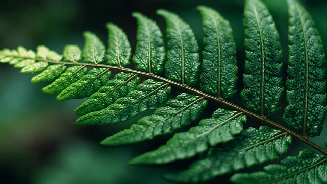 A close-up of a fresh green fern frond with intricate leaf patterns and fine textures, soft natural lighting highlighting the delicate structure and vibrant green tones, clean blurred background
