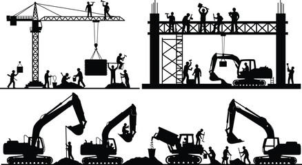 Obraz premium Heavy Machinery Construction Site Silhouettes Set with Workers Operating Tower Crane Excavators Digger and Dump Truck on Building Project Industrial Engineering Vector Illustration