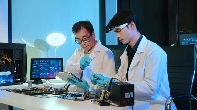 Engineers examining hard drive and motherboard in a technology lab, focusing on data storage, cybersecurity, diagnostics, and computer hardware repair