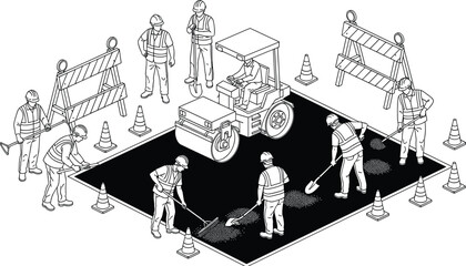 Isometric road construction site with workers paving asphalt using steam roller compactor shovel and rake tools near safety cones and barriers for urban infrastructure project © MstRupali