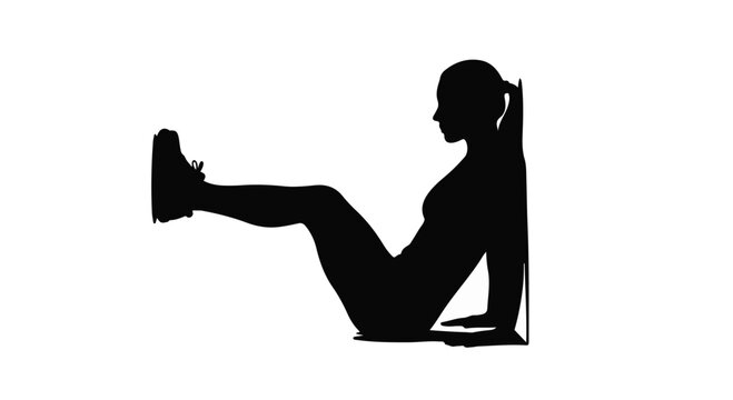 Young woman doing yoga Pilates V-sit L-sit exercise on mat in fitness studio with silhouette isolated on white background
