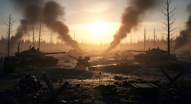 Historical battlefield scene featuring abandoned soviet era tanks in snowy forest with smoke and ruins during sunset hours portraying dramatic conflict aftermath and desolate winter military landscape