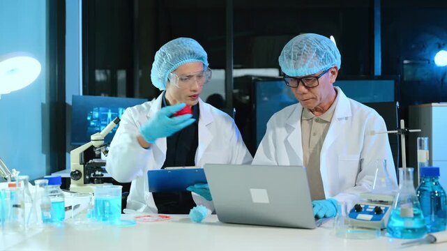 Scientists analyzing DNA genetics data on tablet in biotechnology laboratory with microscope and test tubes. Medical research, healthcare technology