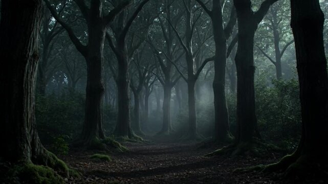 Mysterious forest scene atmospheric fog and dark trees