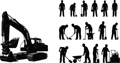 Professional industrial construction silhouette set featuring a heavy hydraulic excavator crawler and diverse group of manual workers using shovels, wheelbarrows, and heavy equipment tools. © MstRupali