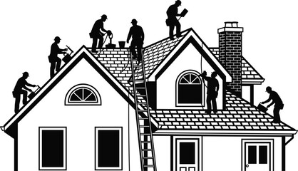 Silhouette of professional roofing contractors working together to install asphalt shingles on a suburban house roof during a residential home renovation construction project. (24 words) © MstRupali