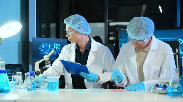 Scientists analyzing DNA genetics data on tablet in biotechnology laboratory with microscope and test tubes. Medical research, healthcare technology