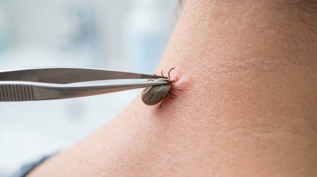 Close-up of the process of removing a tick from human skin with medical tweezers