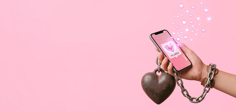 Smartphone generating endless likes while chained to heart weight, social media dopamine addiction concept