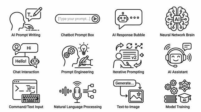 A set of black and white vector icons illustrates concepts related to artificial intelligence, prompt engineering, and natural language processing workflows.