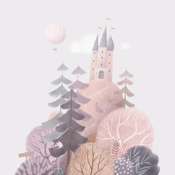 Cute castle on hill, hot air balloon, forest. Vintage style. Design for a children's room, poster, postcard. Watercolor illustration.