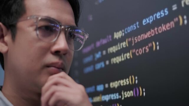 Programmer software developer engineer review coding project on screen monitor, business technology digital transformation concept