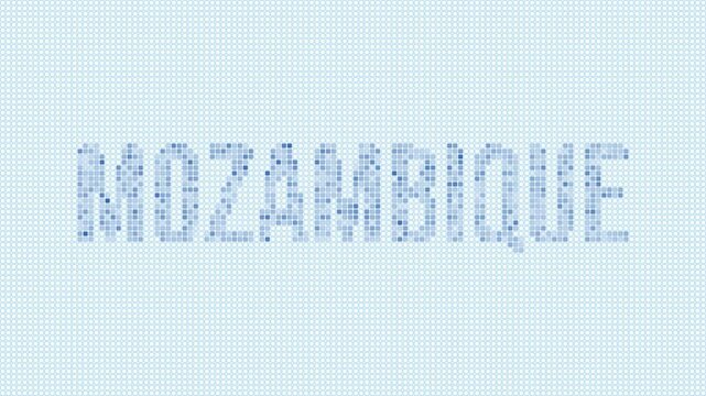 Mozambique dotted map animation. Digital style shape of the country. Mozambique shape and title dots appear with bulb flickering effect. Intro, outro, logo, title video.