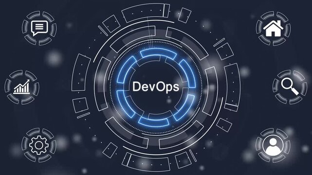 DevOps Business, technology, Internet and network concept. glowing animation on black background. 4k motion graphics video.