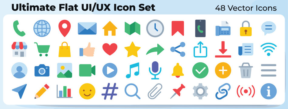 Flat UI UX icon set vector colorful interface phone email camera wifi navigation share settings symbols collection design