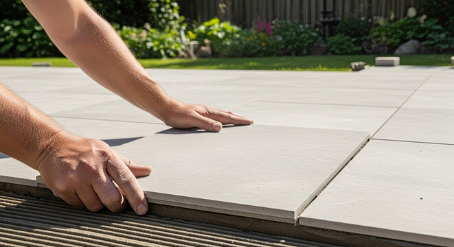 Hands carefully place a large outdoor tile onto mortar, aligning it precisely during patio installation