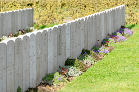 Ligne de tombes militaires dans un cimeti&egrave;re m&eacute;morial britannique &agrave; Godewaersvelde dans les Flandes