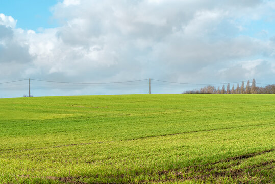 Paysage de campagne, champs et poteaux &eacute;lectriques au milieu de nulle part