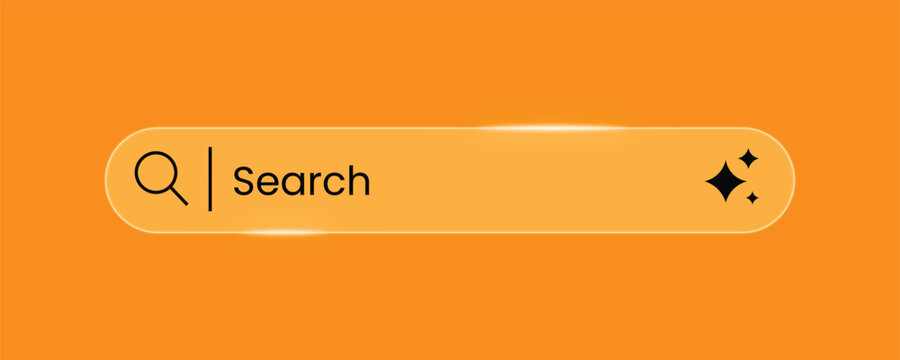 Orange search bar with magnifying glass icon and sparkling stars symbol, simple clean design for web interface and ui elements on solid background