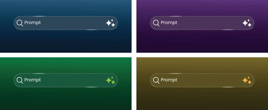 Glass search bar set with different background colors and sparkle icons. Frosted glassmorphism prompt boxes for modern user interface. Vector search field design