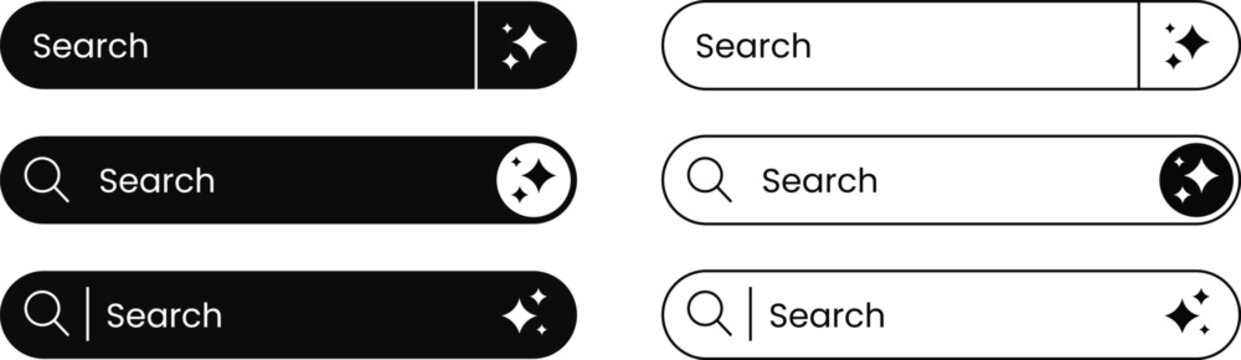 Search bar and input field designs with different styles including outline and filled options and magnifying glass icon for web and app UI.