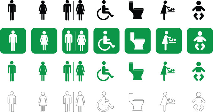 Public restroom and facility sign set including male female disabled toilet baby changing and infant icons in solid black green background and outline variations