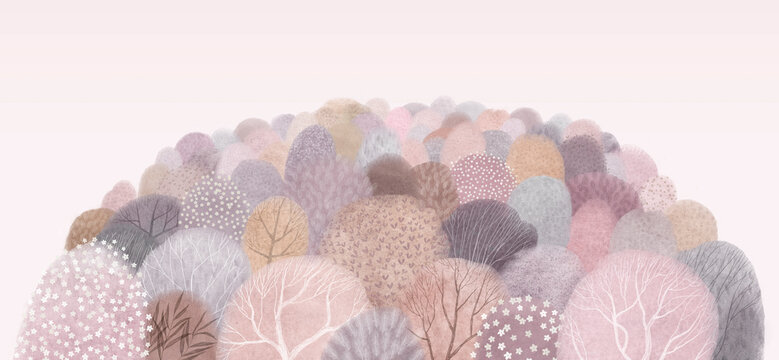 Cute watercolor illustration. Abstract forest. Wildlife. Forest view. Horizontal border.