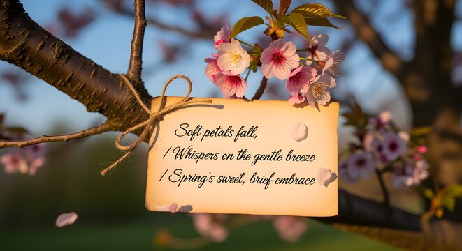 A haiku written on a slip of paper and tied to a blossoming cherry tree branch.